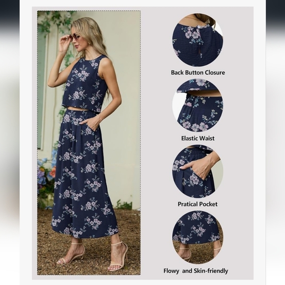 Floral Navy 2 Piece Crop Top/wide Leg Capri Outfit NEW - Picture 2 of 16
